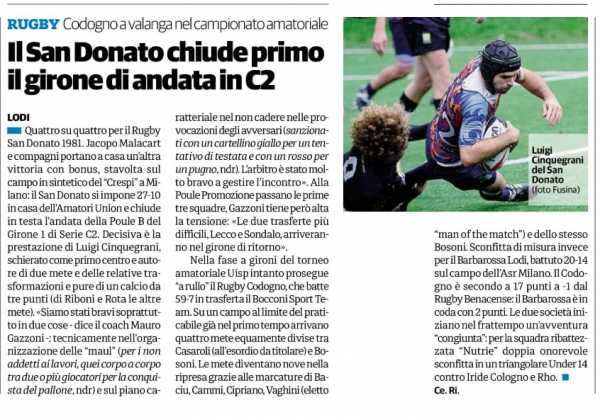 Dicono di Noi - Il Cittadino: Il San Donato chiude primo il girone di andata in C2
